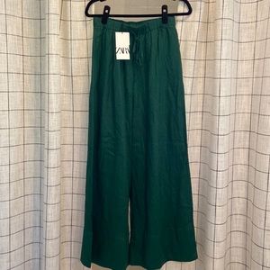 ZARA 100% Linen Palazzo Trousers M Dark Bottle Green Trousers ref 4786/090